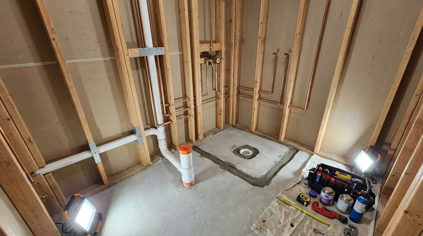 Bathroom rough-in plumbing during remodel by Johns Plumbing LLC in Baltic