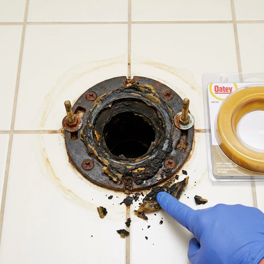 Failed wax ring showing water seepage at the base of a toilet in a Baltic, CT home